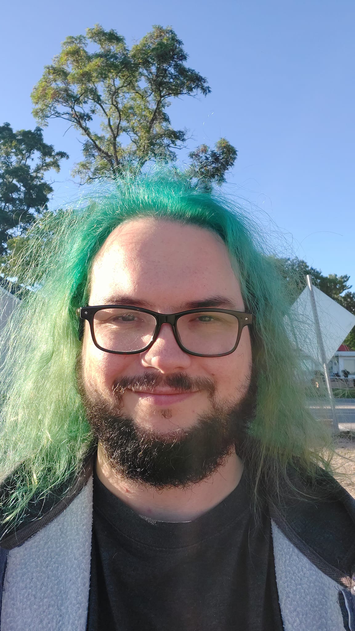 A man with green hair is standing on a beach